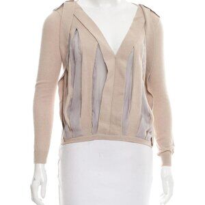 Tan Pullover Sweater with Sheer Accent V-Neck Size Small Wool Blend